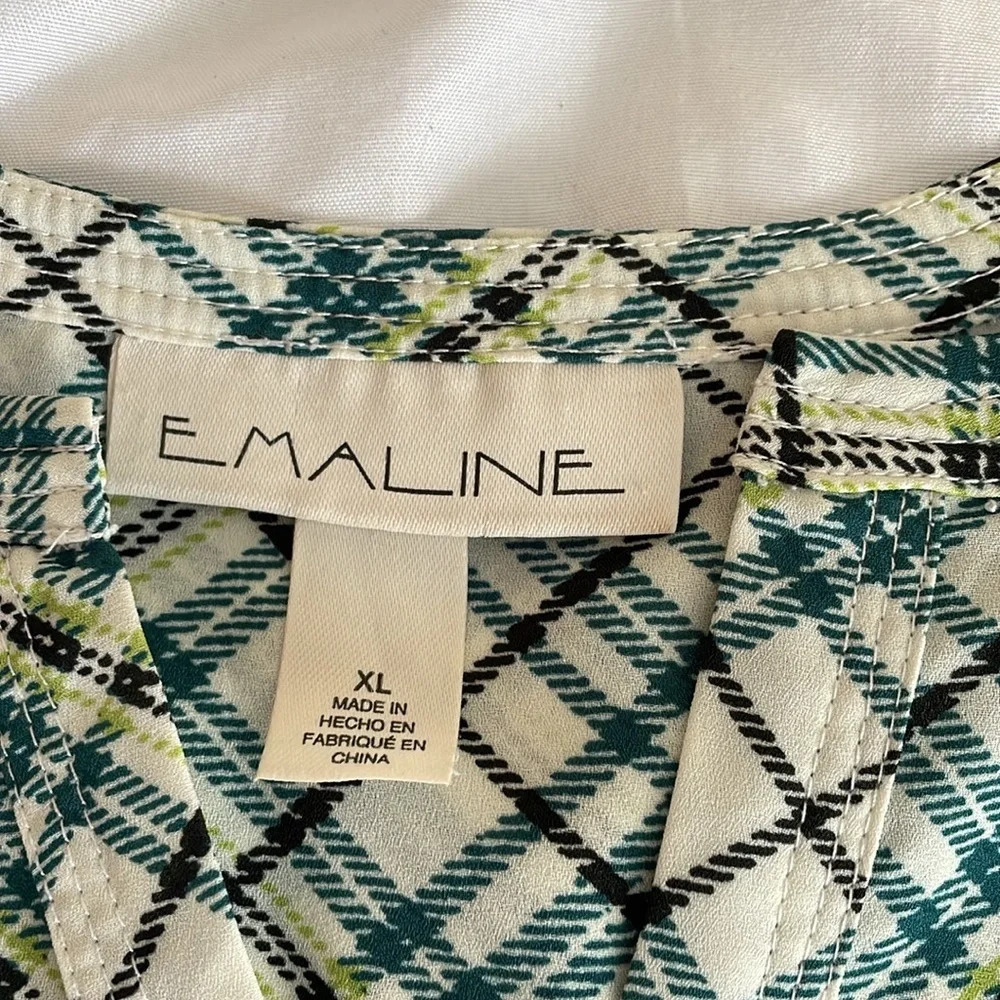 Emaline Sz XL plaid v neck dressy tank. Black. Aqua. Measurements in pics. - Picture 2 of 7